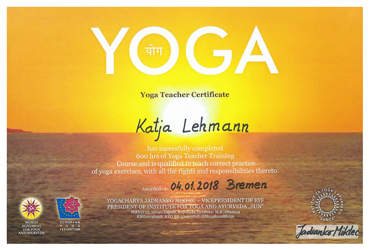 Yogalehrer Zertifikat für Katja Lehmann, Yogastudio Kassel